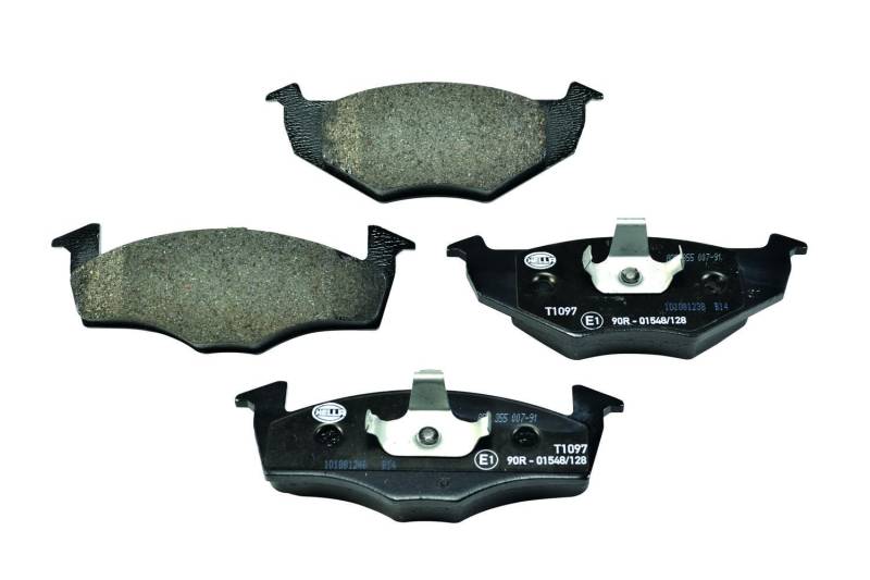 HELLA Bremsbeläge vorne - nicht für Verschleißwarnanzeiger vorbereitet - vier Bremsbeläge pro Set - T1097 - für u.a. SEAT / VOLKSWAGEN - 8DB 355 007-911 von Hella