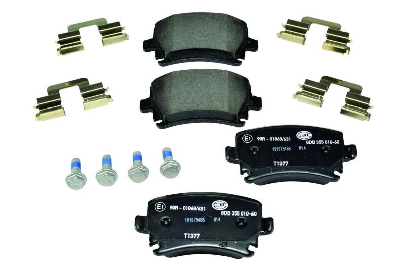 HELLA Bremsbeläge hinten - für Verschleißwarnanzeiger vorbereitet - vier Bremsbeläge pro Set - T1377 - für u.a. AUDI / SEAT / SKODA / VOLKSWAGEN - 8DB 355 010-601 von Hella