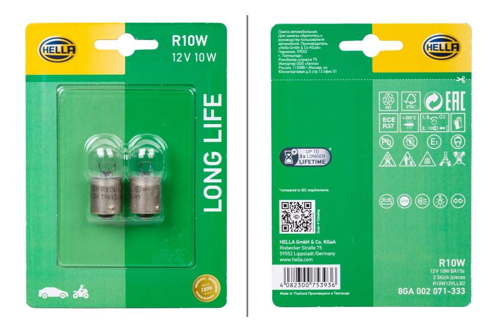 HELLA 8GA 002 071-333 Halogen Glühlampe - R10W - Long Life up to 3x longer lifetime - 12V - 10W - Sockelausführung Glühlampe: BA15s - Blister - Menge: 2 HELLA 8GA 002 071-333 Halogen Glühlampe - R10W - Long Life up to 3x longer lifetime - 12V - 10W - Sockelausführung Glühlampe: BA15s - Blister - Menge: 2 von Hella