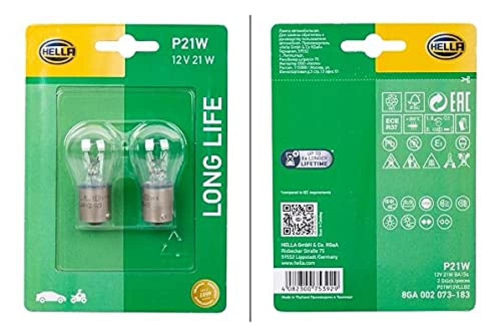 HELLA 8GA 002 073-183 Halogen Glühlampe - P21W - Long Life up to 3x longer lifetime - 12V - 21W - Sockelausführung Glühlampe: BA15s - Blister - Menge: 2 HELLA 8GA 002 073-183 Halogen Glühlampe - P21W - Long Life up to 3x longer lifetime - 12V - 21W - Sockelausführung Glühlampe: BA15s - Blister - Menge: 2 von Hella
