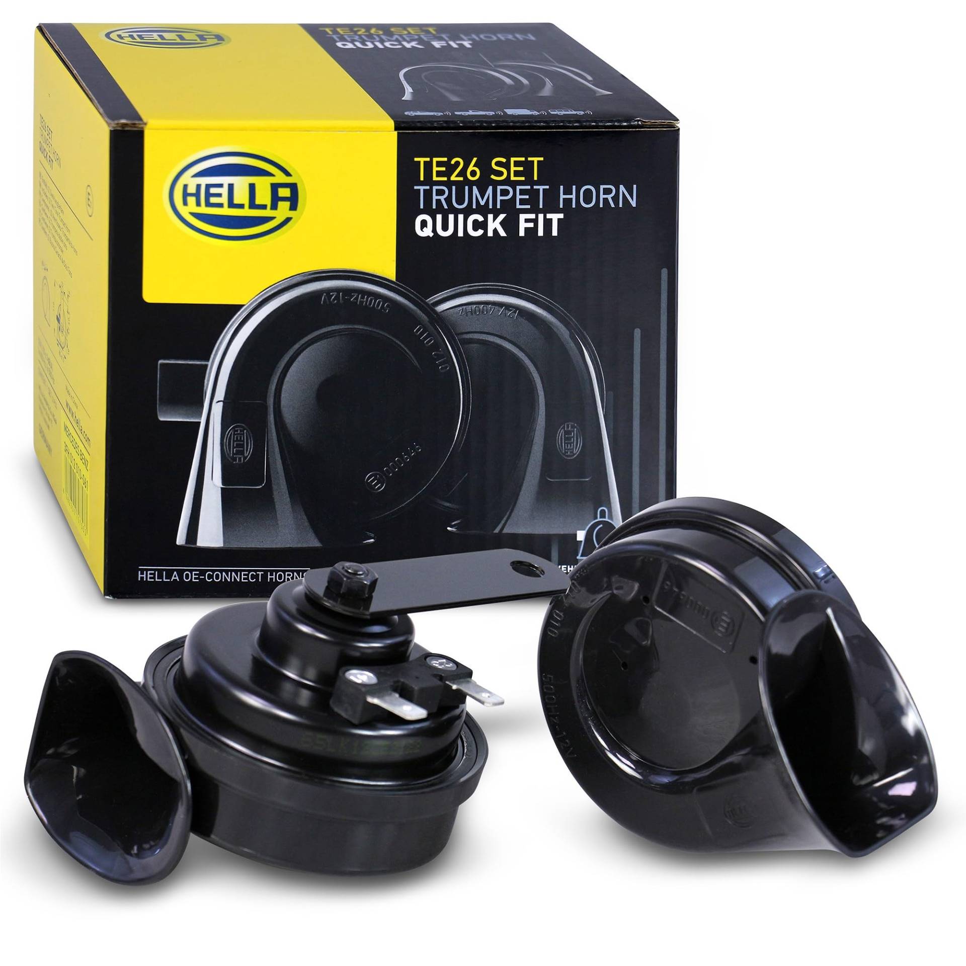HELLA Fanfare - HELLA OE-CONNECT HORN TE26 SET - 12V - 110dB(A) - 400Hz-500Hz - Hochton/Tiefton - elektrisch - ECE - Gehäusefarbe: schwarz - Menge: 2 - 3FH 012 010-061 von Hella