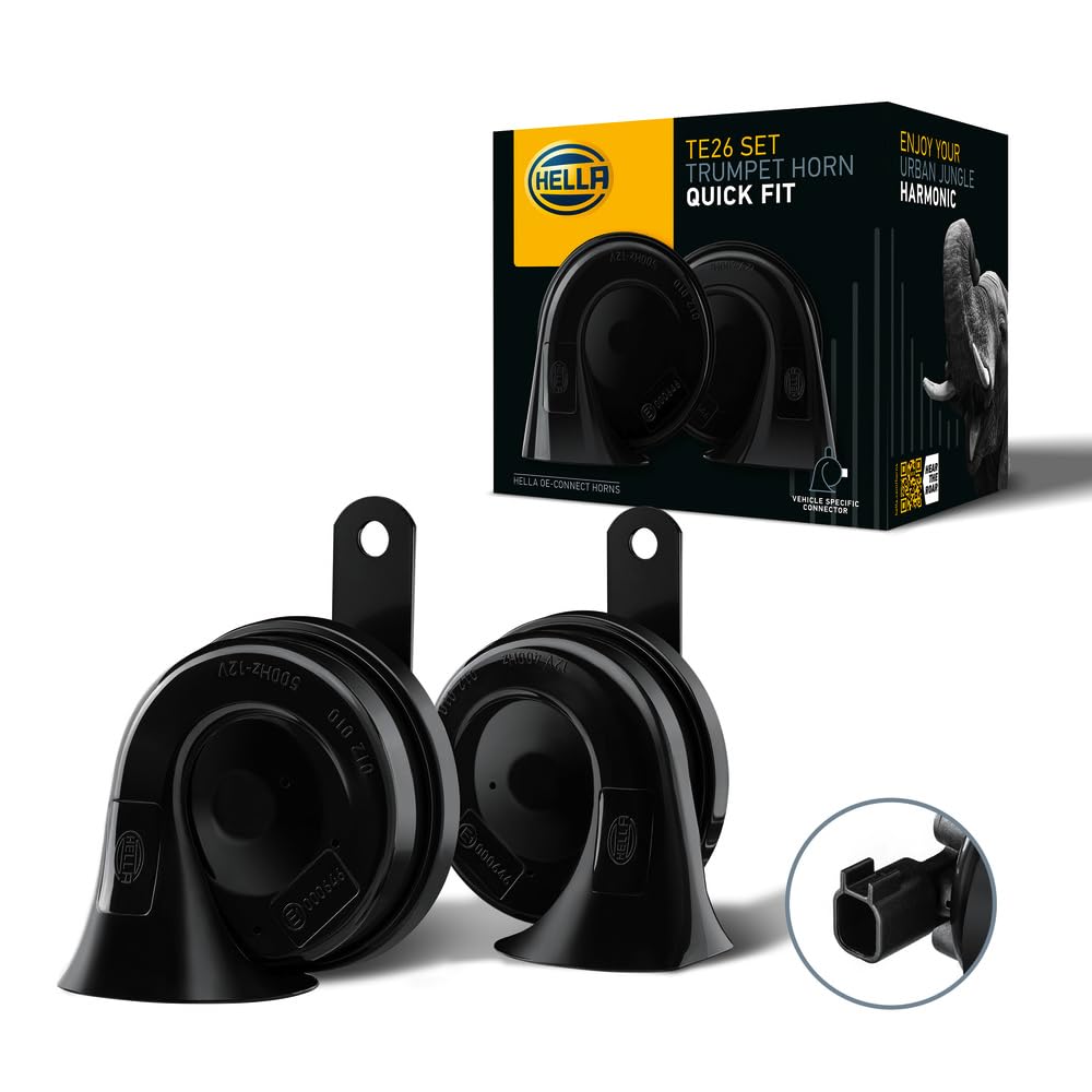 HELLA Fanfare - HELLA OE-CONNECT HORN TE26 SET - 12V - 110dB(A) - 400Hz-500Hz - Tiefton/Hochton - elektrisch - ECE - Gehäusefarbe: schwarz - Menge: 2 - 3FH 012 010-191, keine von Hella