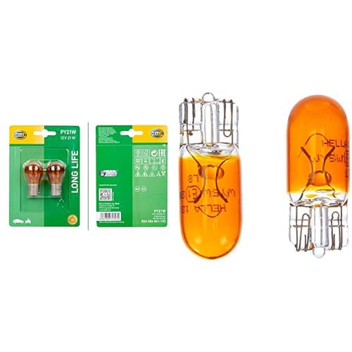 Hella 8GA 006 841-133 Glühlampe - PY21W - Long Life up to 3x longer lifetime - 12V - 21W - Blister - Menge: 2 & 8GP 003 594-543 Glühlampe - 12V - 5W - Sockelausführung: W2,1x9,5d - Blister - Menge: 2 von Hella