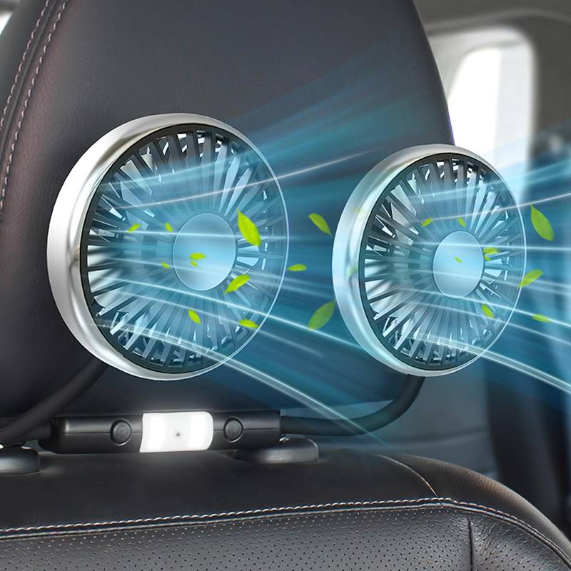 Helmsyde Auto Ventilator für Rücksitz, 360° Doppelkopf USB Ventilator für das Auto, 5V 2A Auto Kühlventilator 3 Geschwindigkeiten, für Rücksitzpassagiere mit Licht, für SUV Wohnmobil LKW von Helmsyde