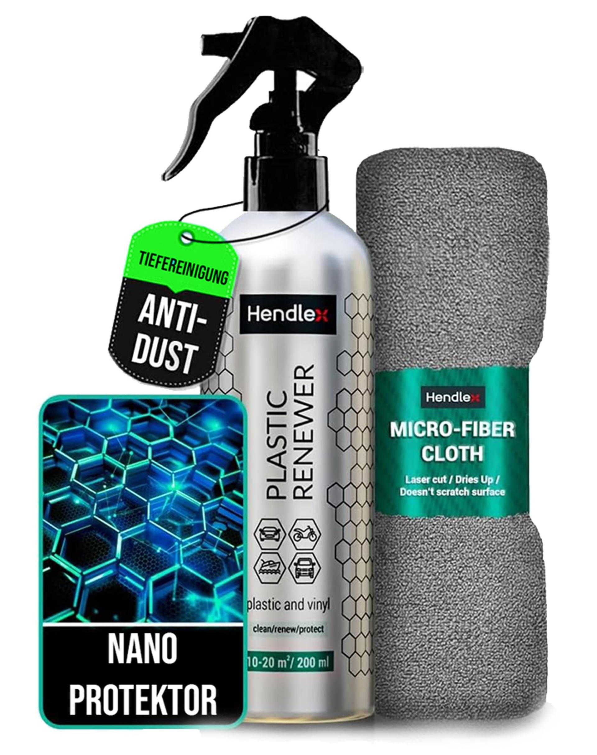 Hendlex Anti-Dust Auto Innenraum Reiniger, Lederpflege Auto, Innenraumreiniger Auto, Cockpitpflege Auto, Kunststoffreiniger, Cockpit Reiniger Auto, Autopflege mit Nanotechnologie + Mikrofasertücher von Hendlex