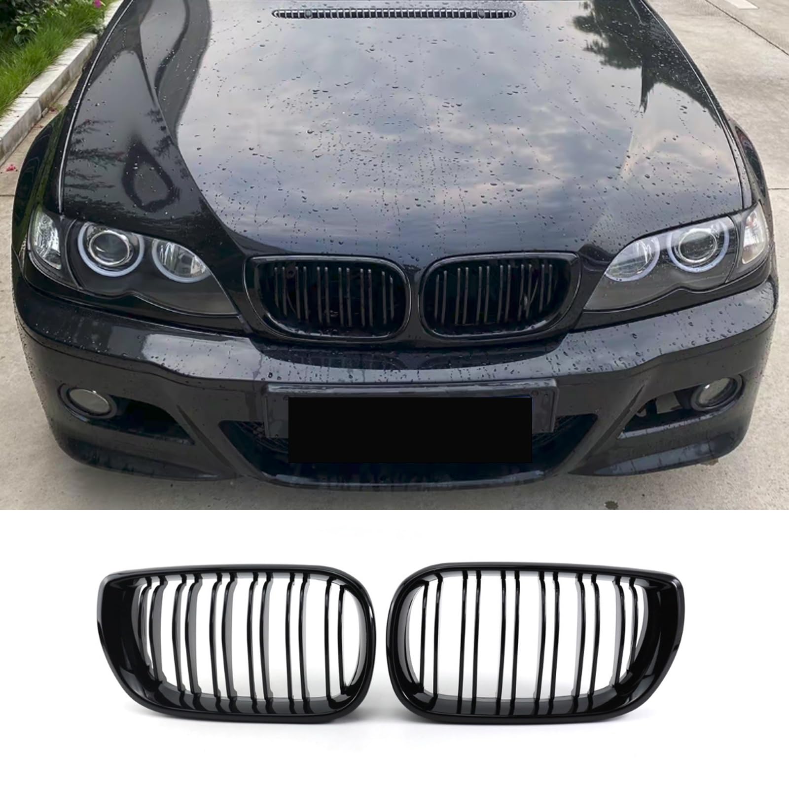 Hengjiayao E46 Nieren Schwarz Kühlergrill Passend für BMW 3er E46 4 Door 4D 2002-2005 LCI Facelift Grill Glanz Schwarz Doppelsteg Sport Kühlergrill （Nicht für 2 Türen geeignet）(Für 3er E46 2002-2005) von Hengjiayao