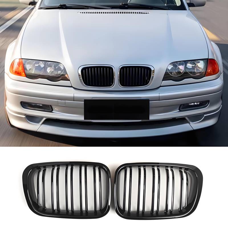 Hengjiayao E46 Nieren Schwarz Kühlergrill Passend für BMW 3er E46 1998-2001 PRE Facelift Grill Glanz Schwarz Doppelsteg Sport (Nicht für 2 Türen geeignet)(For 3er E46 4D 1998-2001 PRE) von Hengjiayao