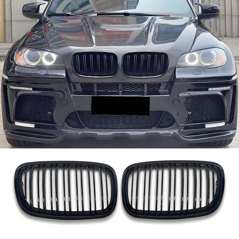 Hengjiayao E70 E71 Schwarze Nieren Kühlergrill für BMW X5 X6 E70 E71 Nieren Doppelsteg Sport Glanz Schwarz E71 Kühlergrill Vorne 2007-2013 (For E70 E71 2007-2013) von Hengjiayao