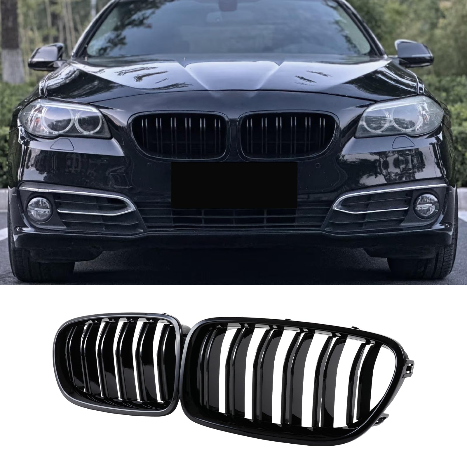 Hengjiayao F10 F11 Nieren Schwarz Front Nieren F10 Kühlergrill für BMW5 Serie F10 F11 M5 2010-2017 f10 Grill Schwarz Glänzend Doppel-Lamellen Grill Front Doppel Rippen Grill Kühlergrill Links Rech von Hengjiayao