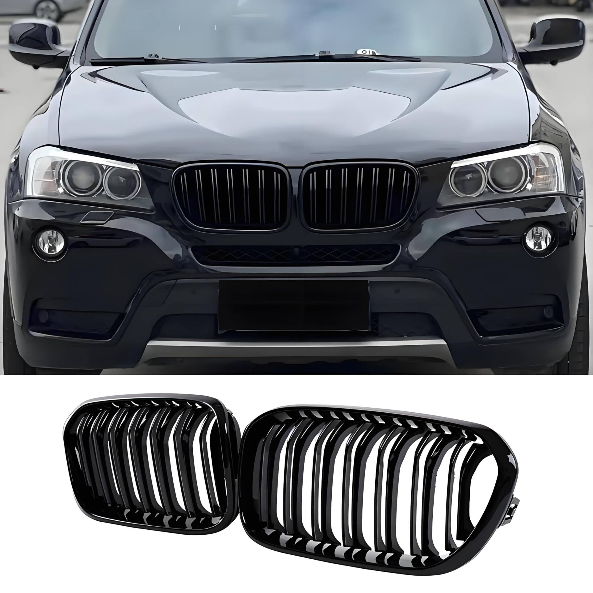 Hengjiayao F25 Nieren Schwarz Kühlergrill für BMW X3 X4 F25 F26 Grill 2010-2013 ABS glänzend Doppelsteg(For X3 X4 F25 F26 2010-2013) von Hengjiayao