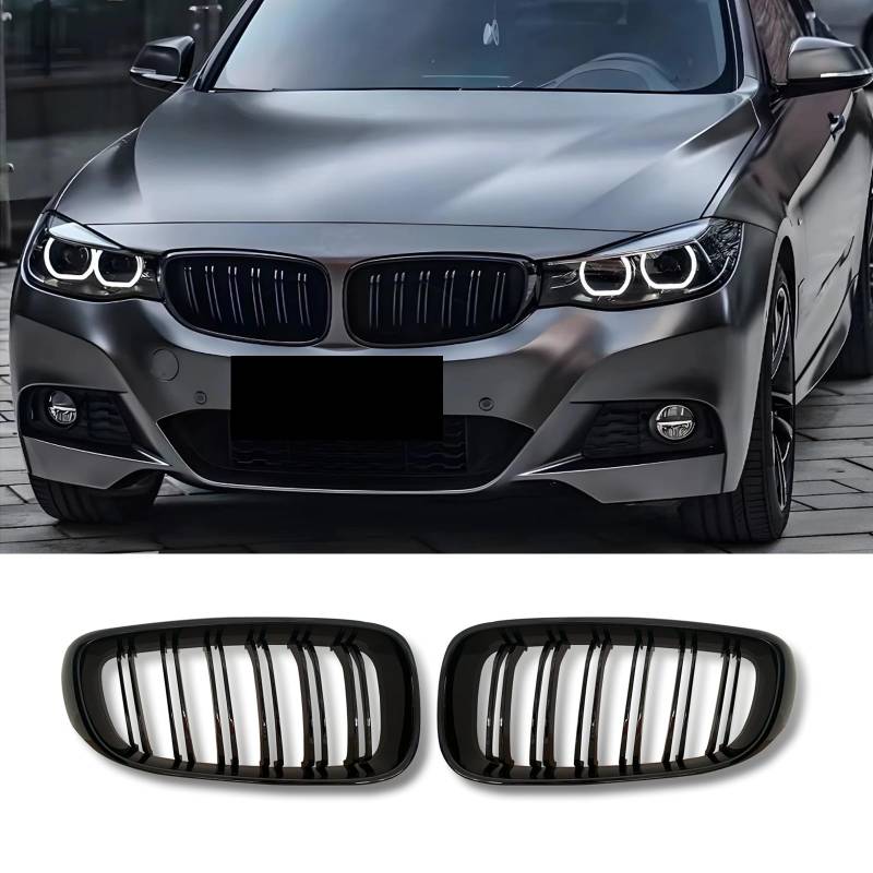 Hengjiayao F34 Nieren Schwarz Passend für BMW 3er F34 GT 2013-2018 Doppelsteg Kühlergrill Gitter Schwarz Glanz Kühler Front Doppel Rippen Grill Links Rechts(For 3er F34 2013-2018) von Hengjiayao