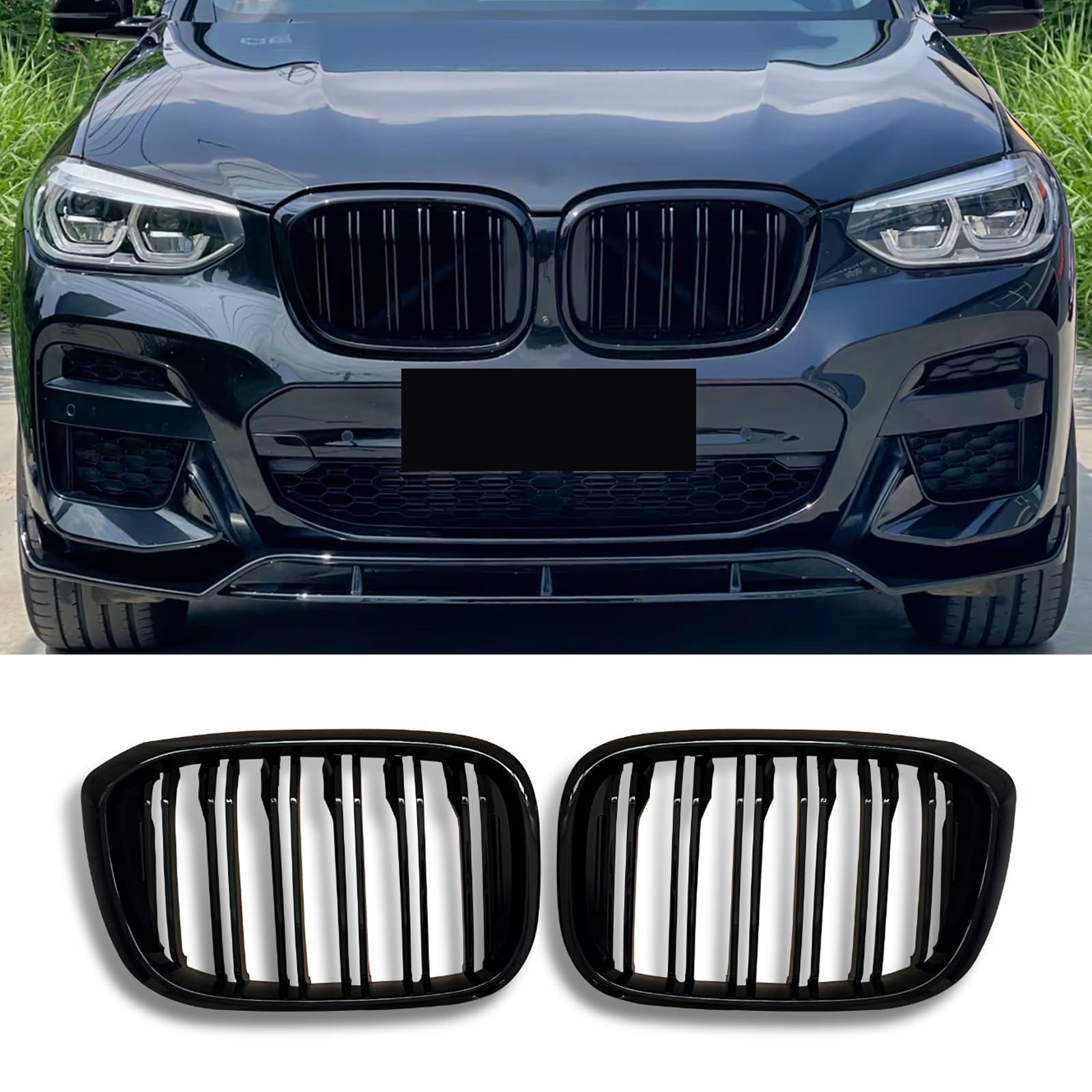 Hengjiayao G01 Nieren Schwarz Kühlergrill für BMW X3 G01 2018-2021 X4 G02 2019-2021 Grill Schwarzer Sport Glanz Doppelsteg Nieren (For G01 G02 2018-2021) von Hengjiayao