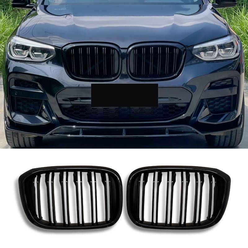 Hengjiayao G01 Nieren Schwarz Kühlergrill für BMW X3 G01 2018-2021 X4 G02 2019-2021 Grill Schwarzer Sport Glanz Doppelsteg Nieren (For G01 G02 2018-2021) von Hengjiayao