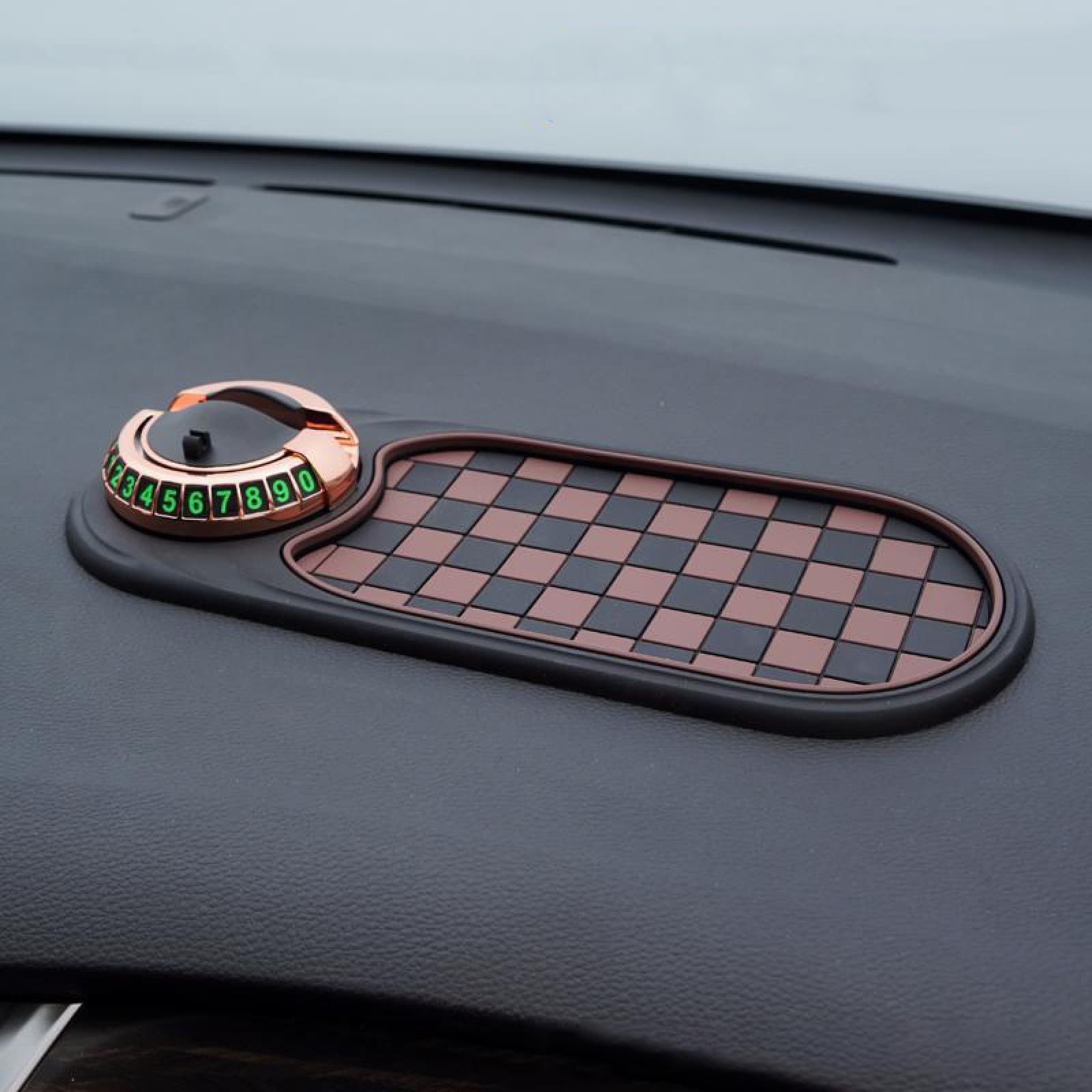 Universelle Anti-Rutsch-Matte fürs Armaturenbrett mit 360° drehbarer Handyhalterung, Mehrzweck-Anti-Rutsch-Matte fürs Auto mit Parknummernblock (Braun Gold) von Hengxuan