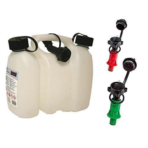 BAUPROFI Doppelkanister transparent 3+1,5 Liter mit Ausgiesser und 2x Sicherheits-Einfüllsystemen (grün + rot) aus HD-PE für Benzin von Hergestellt für BAUPROFI
