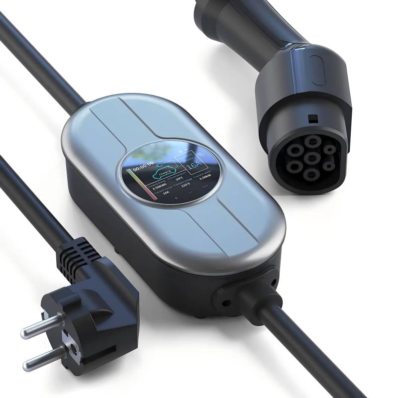 Hertzborn Tragbare E-Auto-Ladepistole - 16A Einstellbarer Strom, 5M Kabel, IP54/IP55 Schutz, mit Display, Typ F Stecker (Schuko) von Hertzborn