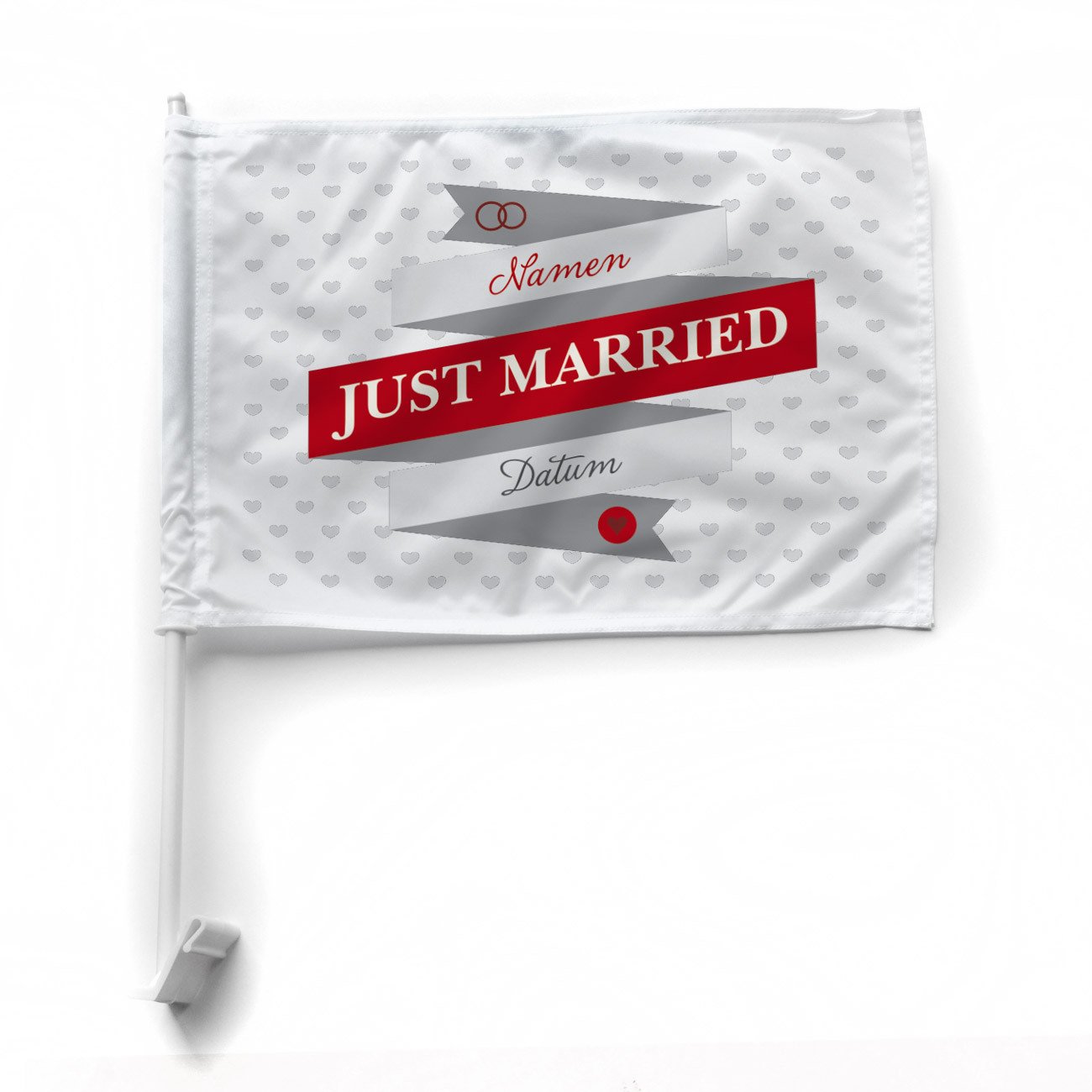 Herz & Heim® Autofahne zur Hochzeit - Just Married - mit Aufdruck der Namen u. Datum von Herz & Heim