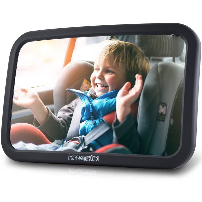 HerzensKind XXL Autospiegel für Babys im Rücksitz. 25% größer für perfekte Übersicht. Rücksitzspiegel mit mattem Finish ohne Einzelteile von HerzensKind