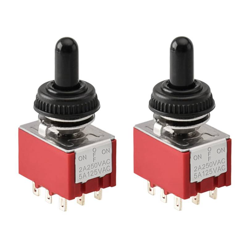 Heschen Miniatur Kippschalter MTS-303, 3PDT ON-OFF-ON, Rot, 2A 250V, 6A 125V, Wasserfest, 2 Stück von Heschen
