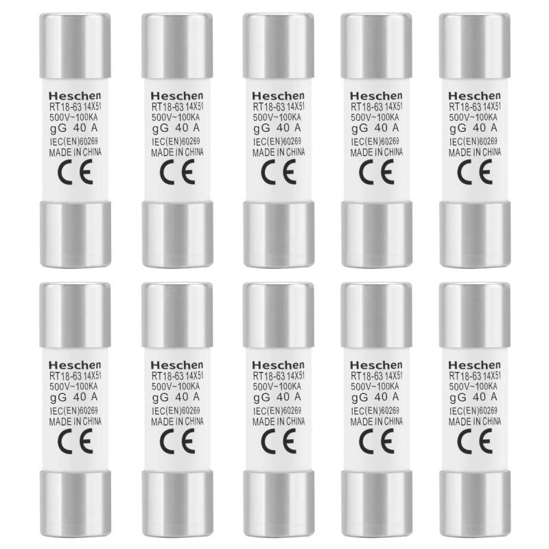 Heschen 10 Stück Zylindrische Keramikrohrsicherung RT18-63 (RO16) 14x51mm 40A 500V CE von Heschen
