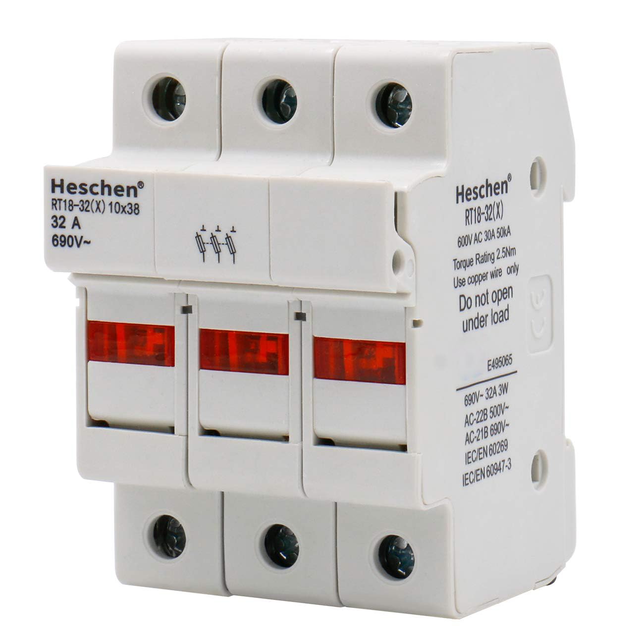 Heschen Zylinderförmiger Sicherungshalter, Sockel RT18–32(X), 32A AC690V, 3-polig, DIN-Schienenmontage, für RT18 RO15 10 x 38 mm Sicherung, CE UL gelistet von Heschen