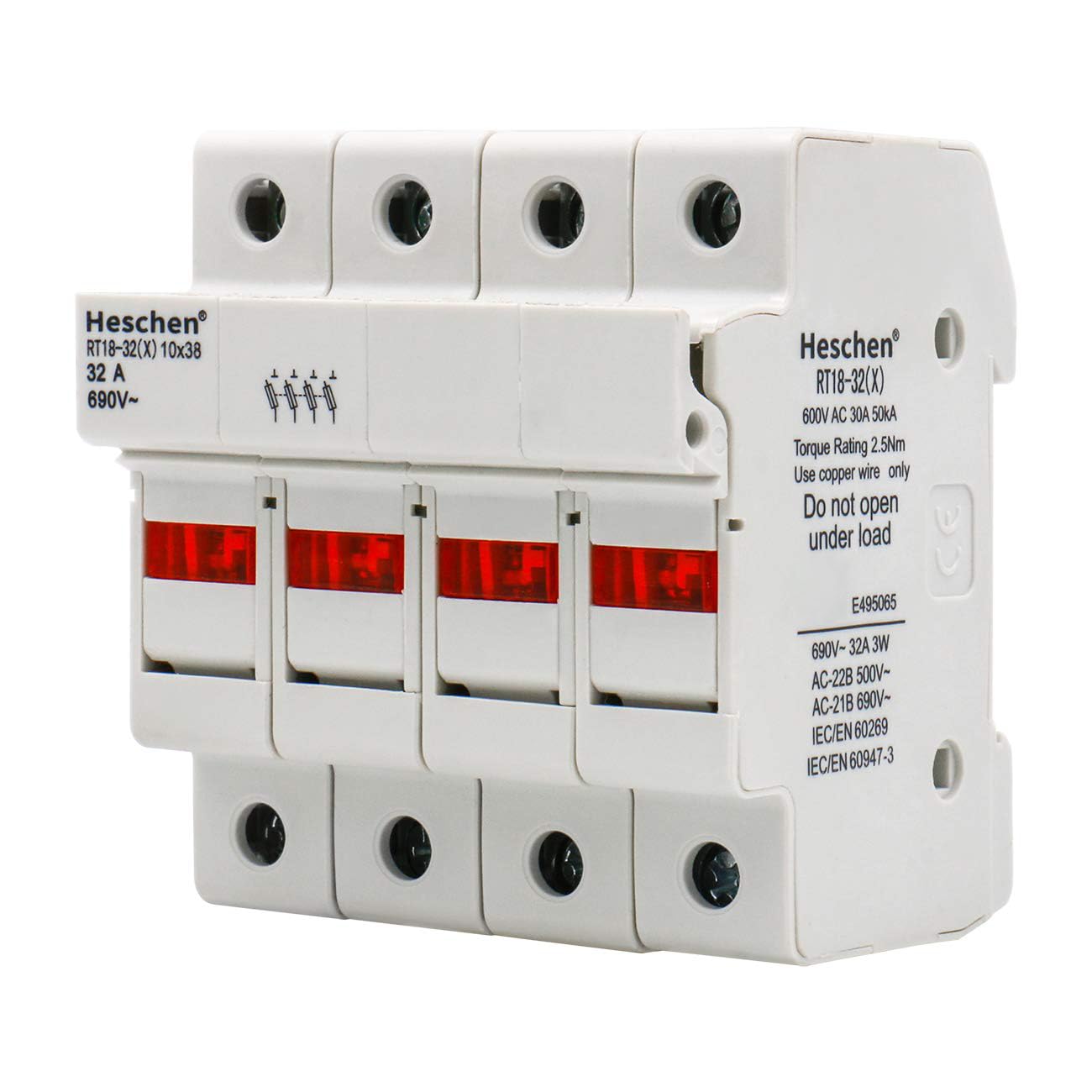 Heschen Zylinderförmiger Sicherungshalter, Sockel RT18–32 (X), 32 A, AC690 V, 4-polige DIN-Schienenmontage für RT18 RO15, 10 x 38 mm, Sicherung CE UL gelistet. von Heschen