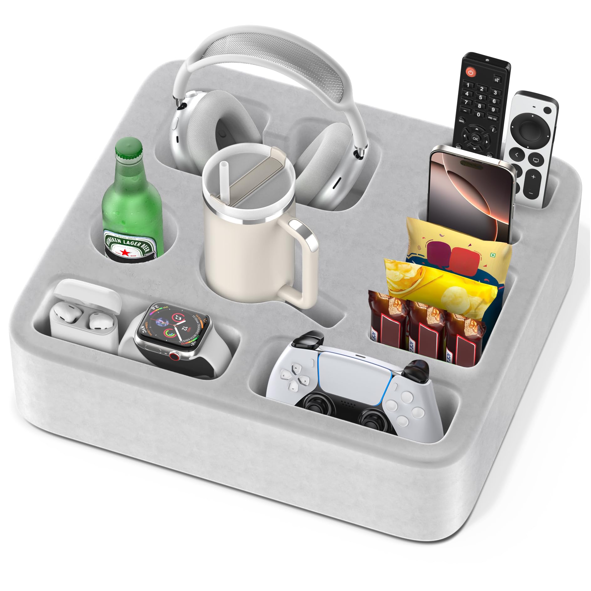 Couchbar Snackbox mit 8 Fächern, Sofatablett für Getränk/Snack/Headset/Remote/Telefon, Stabiler Couch Cup Holder mit weichem Samtbezug, Snack Kissen für Sofa, Bett, Wohnmobil, Auto (Grau) von Heyife