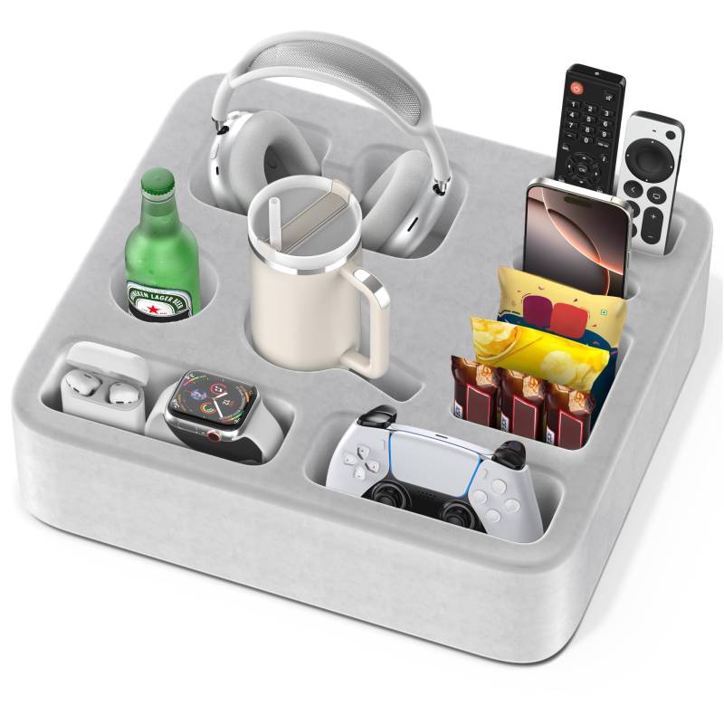 Couchbar Snackbox mit 8 Fächern, Sofatablett für Getränk/Snack/Headset/Remote/Telefon, Stabiler Couch Cup Holder mit weichem Samtbezug, Snack Kissen für Sofa, Bett, Wohnmobil, Auto (Grau) von Heyife