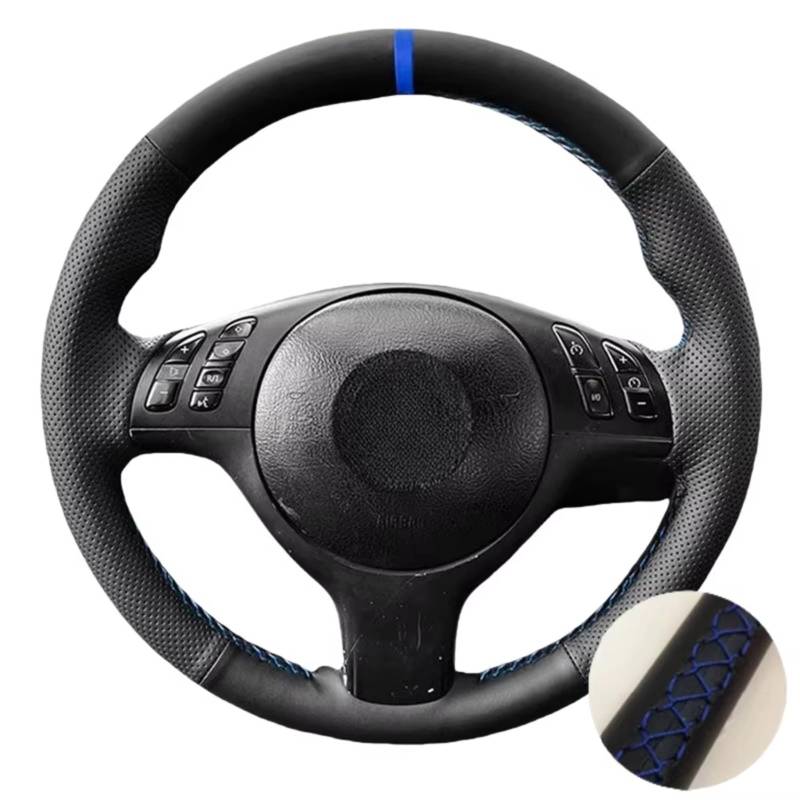 Lenkradbezüge Für Sport 3 5er E46 E39 M3 M5 Handgeflochtene Autolenkradabdeckung Schwarzes Perforiertes Leder Rot Blaue Linie Blauer Streifen Lenkradschutz(Blue Thread) von Hguvsjd