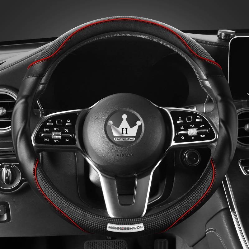 HighnessHwoo 3D Auto Lenkradabdeckung Lenkradbezug Komfortgriff Massage Sportlich Arutschfest Karbonfaser Kunstleder für Limousine, SUV, Universelle Passform, Auto Griff Abdeckungen, 37-38cm, Rot von HighnessHwoo