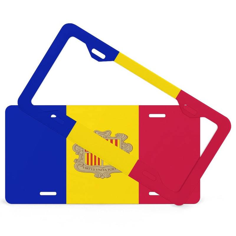 Kennzeichen- & Rahmen-Set Andorra Flagge Kennzeichenrahmen 2er Set Vorne & Hinten Nummernschildhalterung mit Befestigungssatz, rostfrei & wetterfest, Made in USA von Higoss