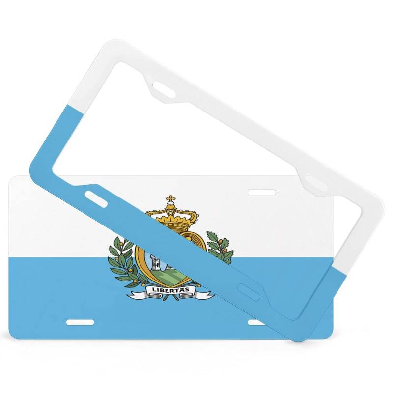 Kennzeichen- & Rahmen-Set San Marino Flagge Kennzeichenrahmen 2er Set vorne & hinten Kennzeichenhalter mit Befestigungssatz, rostfrei & wetterfest, Made in USA von HIGOSS