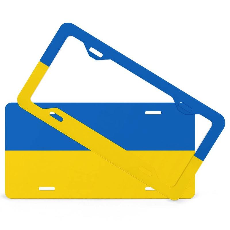 Kennzeichen- & Rahmen-Set Ukraine Flagge Kennzeichenrahmen 2er Set Vorne & Hinten Nummernschildhalterung mit Befestigungssatz, rostfrei & wetterfest, Made in USA von Higoss