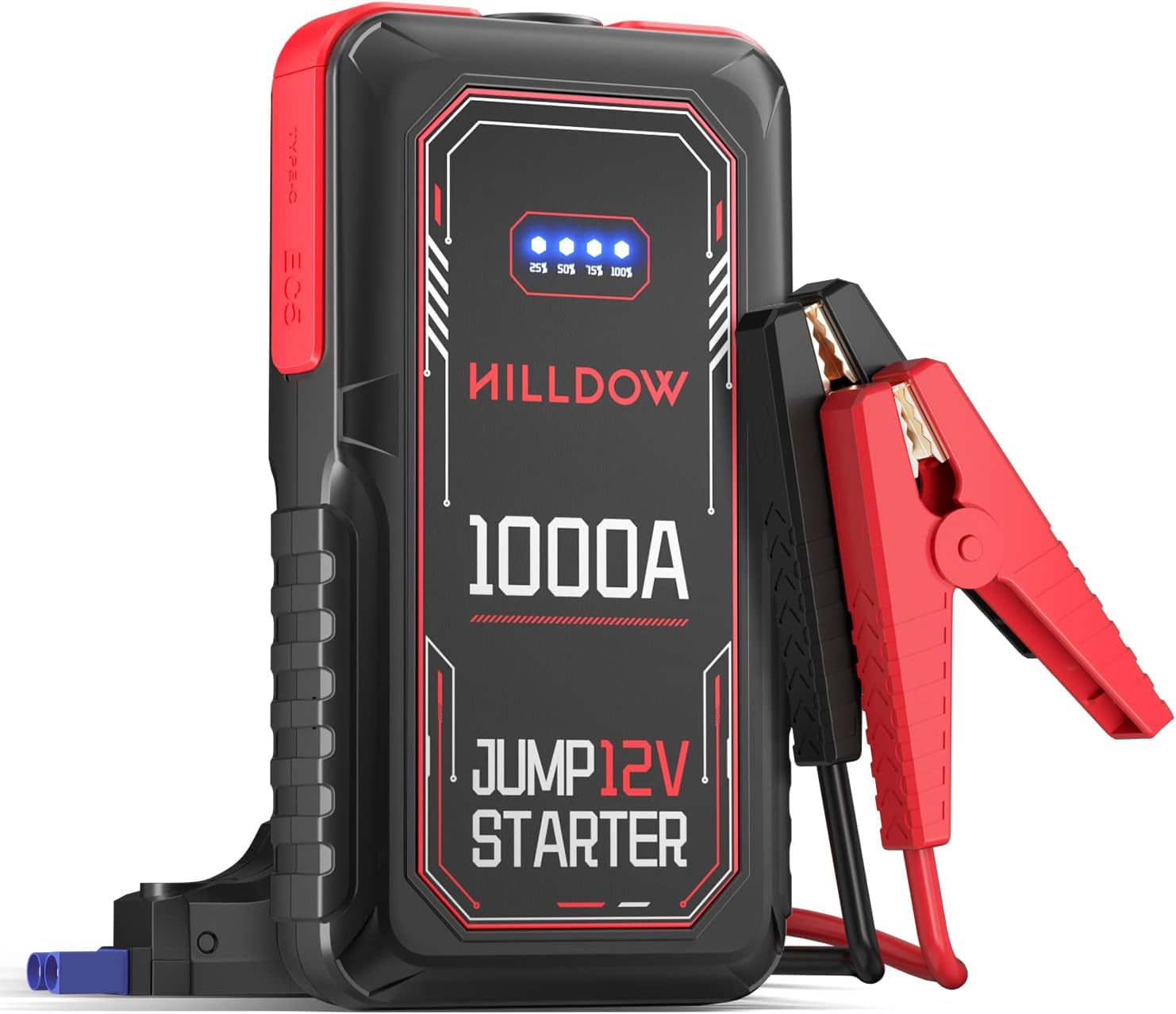 Hilldow Starthilfe Powerbank 1000A Spitzenstrom 12000mAh Auto Starthilfe mit LED Taschenlampe und 17W QC2.0 Schnellladung, Bis zu 3,5 L Benzin oder 5,5 L Diese von Hilldow