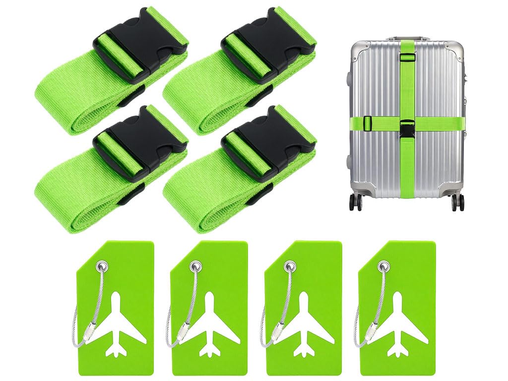 Hitopin 4PCS Koffergurt+ 4PCS Gepäckanhänger, Kofferband Gurt, Einstellbare Kofferbänder, Gurt Gepäckgurt, Luggage Strap für Koffer, Geeignet für Reisen, Tourismus und Ausflüge (Grün) von Hitopin