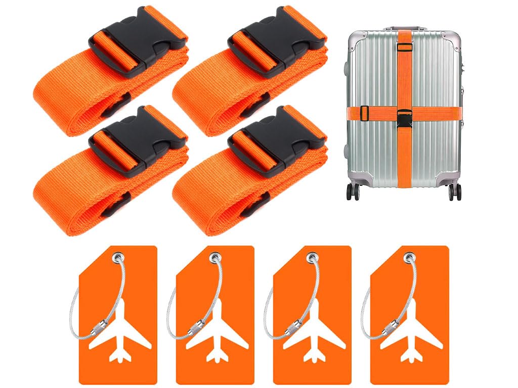 Hitopin 4PCS Koffergurt+ 4PCS Gepäckanhänger, Kofferband Gurt, Einstellbare Kofferbänder, Gurt Gepäckgurt, Luggage Strap für Koffer, Geeignet für Reisen, Tourismus und Ausflüge (Orange) von Hitopin