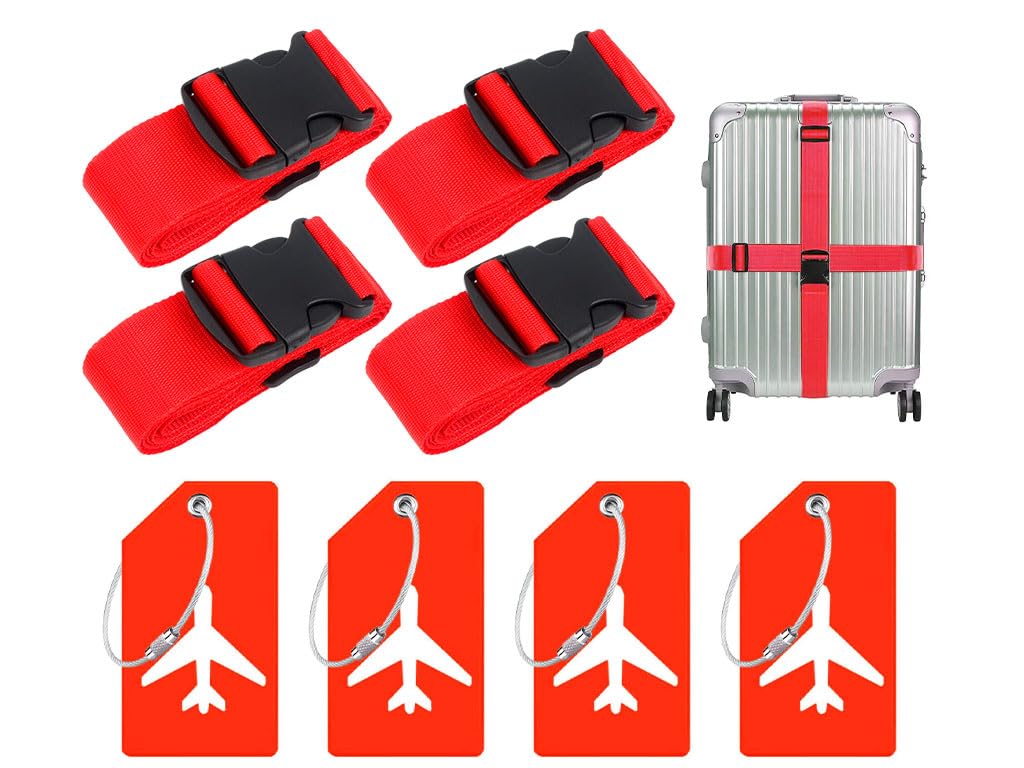 Hitopin 4PCS Koffergurt+ 4PCS Gepäckanhänger, Kofferband Gurt, Einstellbare Kofferbänder, Gurt Gepäckgurt, Luggage Strap für Koffer, Geeignet für Reisen, Tourismus und Ausflüge (Rot) von Hitopin