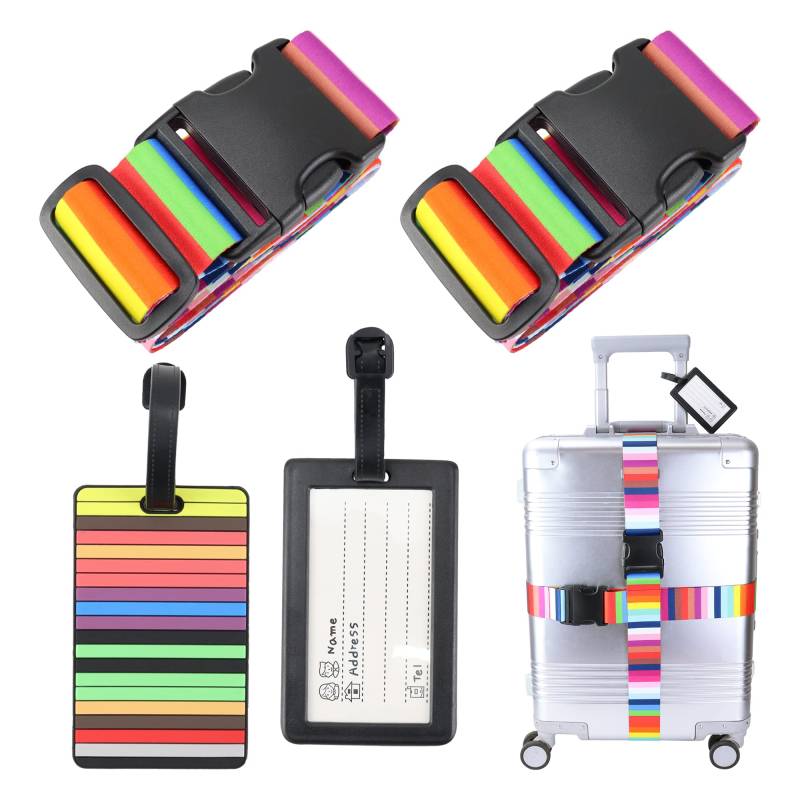 2 Stück Koffergurt mit 2 Gepäckanhänger Kofferband Gurt Bunt Gepäckgurt Travel Accessories,Suitcase Strap Adjustable Multifunktional Luggage Strap für Koffer Gurtband Koffergurte,Regenbogen von Hivia