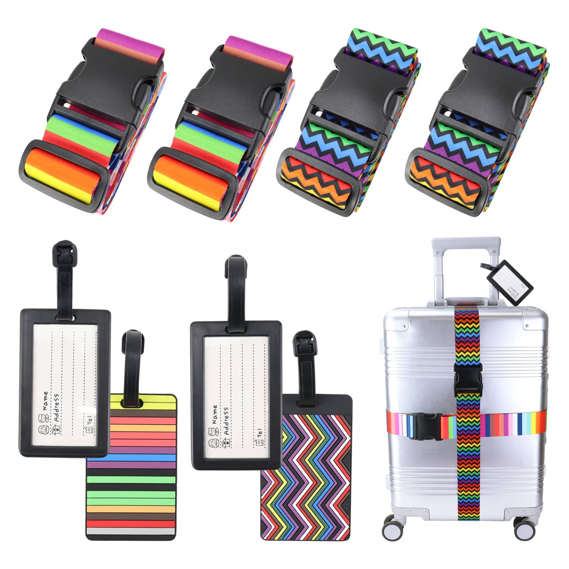 4 Stück Koffergurt mit 4 Gepäckanhänger Kofferband Gurt Bunt Gepäckgurt Travel Accessories,Suitcase Strap Adjustable Multifunktional Luggage Strap für Koffer Gurtband Koffergurte,Regenbogen+Welle 4 Stück Koffergurt mit 4 Gepäckanhänger Kofferband Gurt Bunt Gepäckgurt Travel Accessories,Suitcase Strap Adjustable Multifunktional Luggage Strap für Koffer Gurtband Koffergurte,Regenbogen+Welle von Hivia
