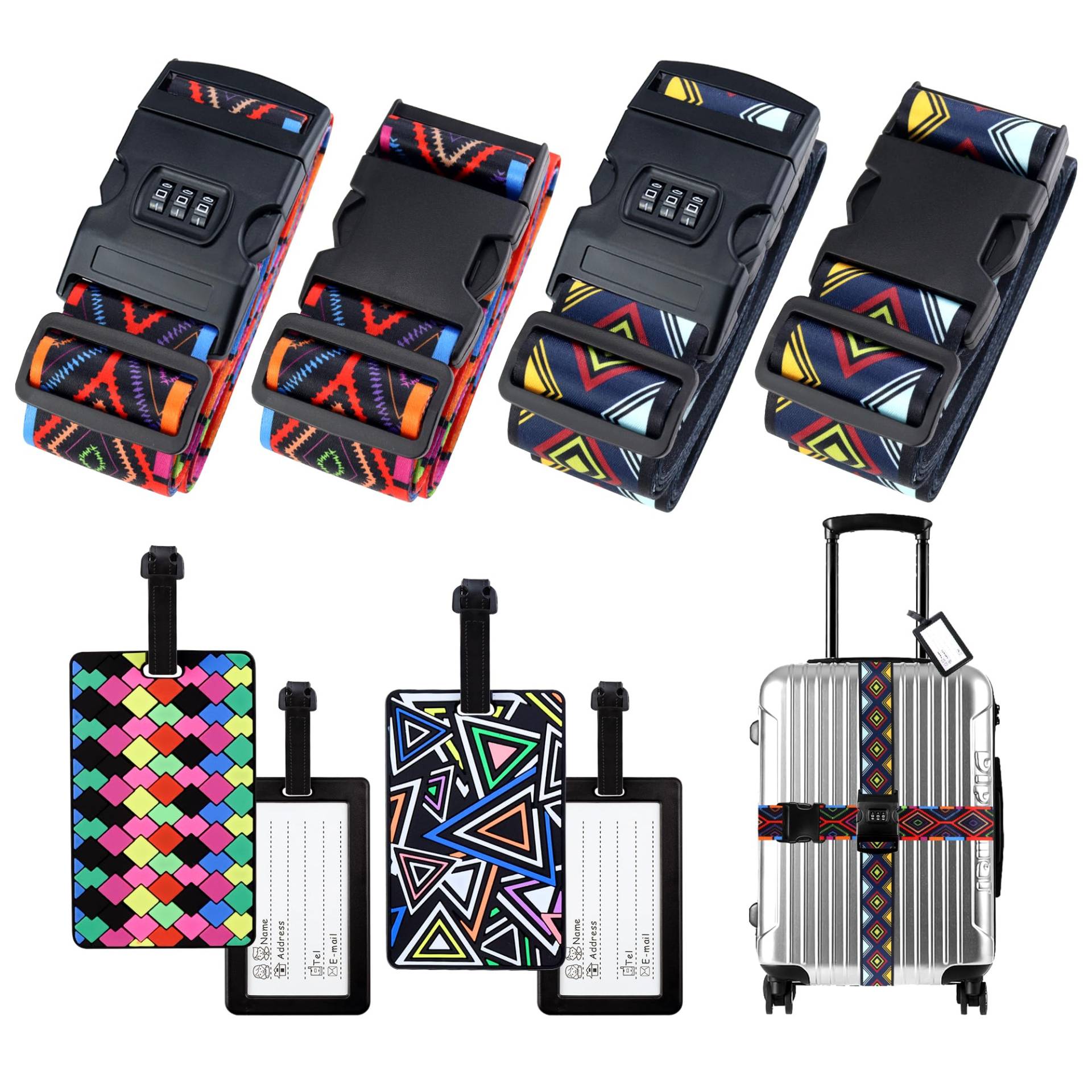 Hivia Kofferbänder 4er Set-4 Stück Koffergurt mit Zahlenschloss+4 Stück Kofferschilder Anhänger,Kofferband Auffällig Kofferband Bunt|Lutschtablette Hivia Kofferbänder 4er Set-4 Stück Koffergurt mit Zahlenschloss+4 Stück Kofferschilder Anhänger,Kofferband Auffällig Kofferband Bunt|Lutschtablette von Hivia