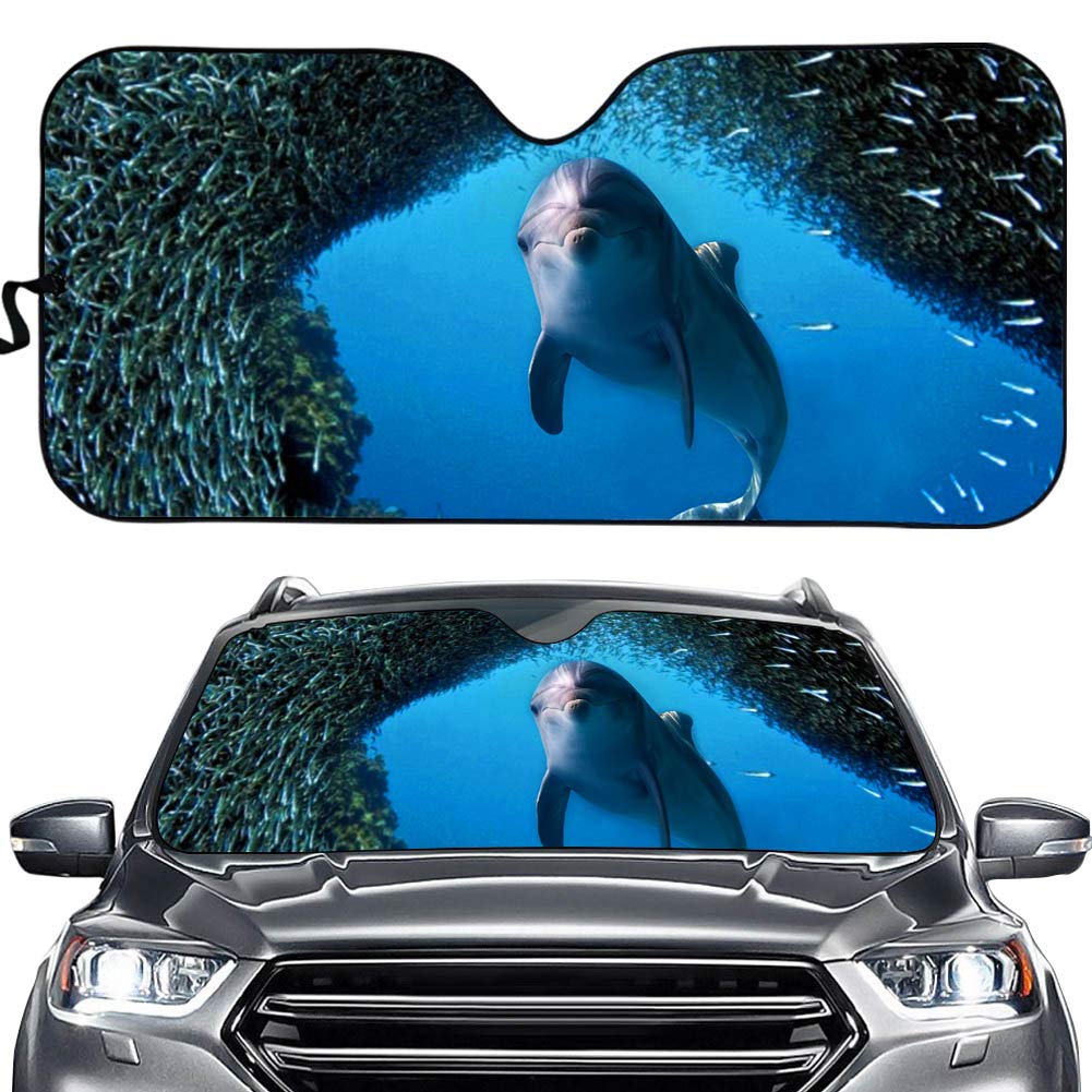 Hixingo Auto Frontscheibe, 3D Funny Tier Ozean Motiv Sonnenschutz für Windschutzscheibe, Frontscheibenabdeckung, Faltbares Design Auto Sonnenschutz, UV-Schutz, für meisten Autos (Delfin) von Hixingo