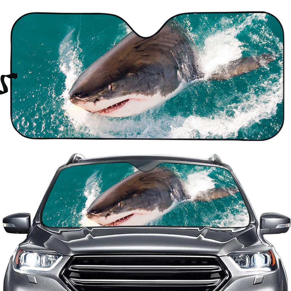 Hixingo Auto Frontscheibe, 3D Funny Tier Ozean Motiv Sonnenschutz für Windschutzscheibe, Frontscheibenabdeckung, Faltbares Design Auto Sonnenschutz, UV-Schutz, für meisten Autos (Hai) von Hixingo