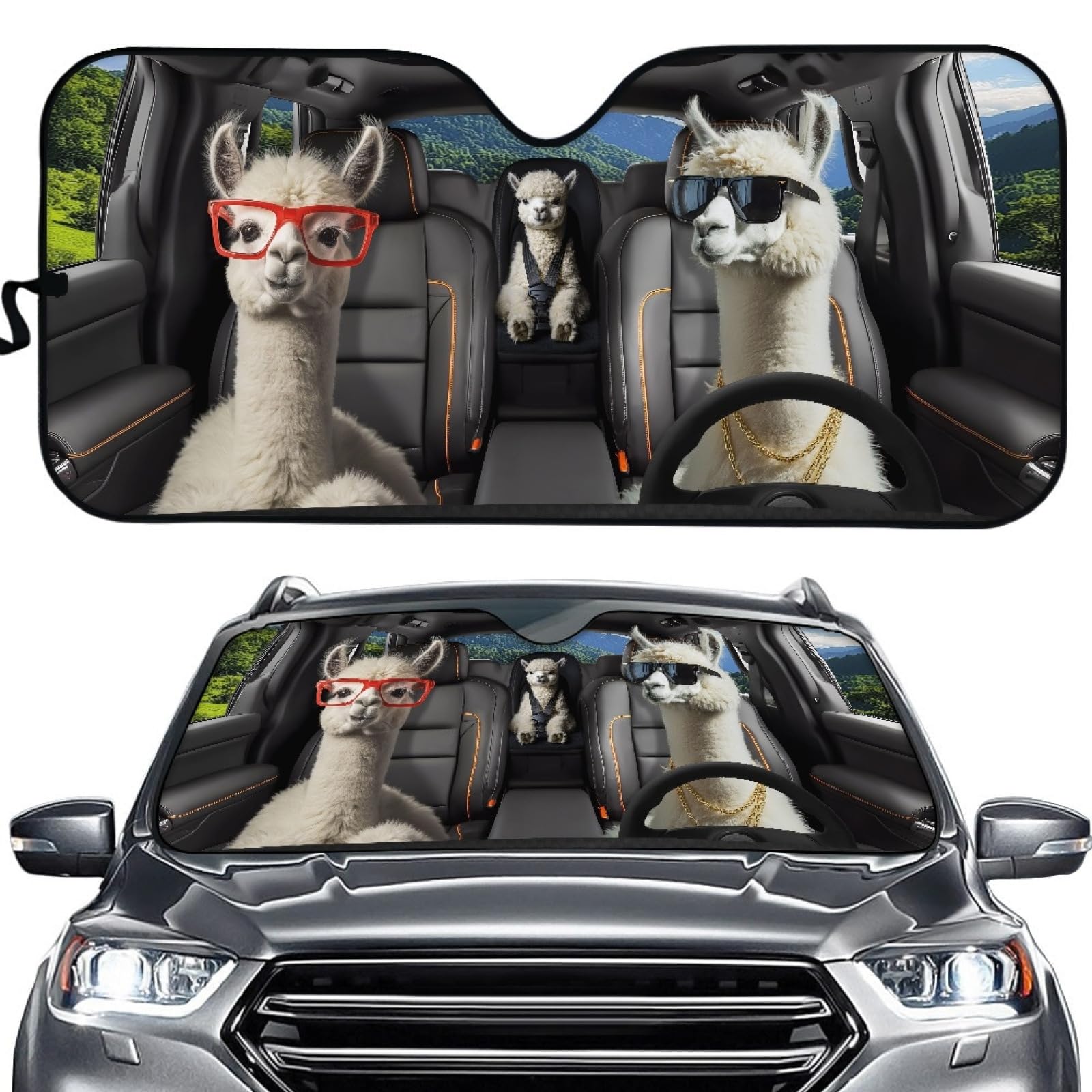 Hixingo Auto Frontscheibe, 3D Tier Motiv Sonnenschutz für Windschutzscheibe, UV-Schutz Frontscheibenabdeckung, Faltbares Design Auto Sonnenschutz, für meisten Autos (Alpaka) von Hixingo