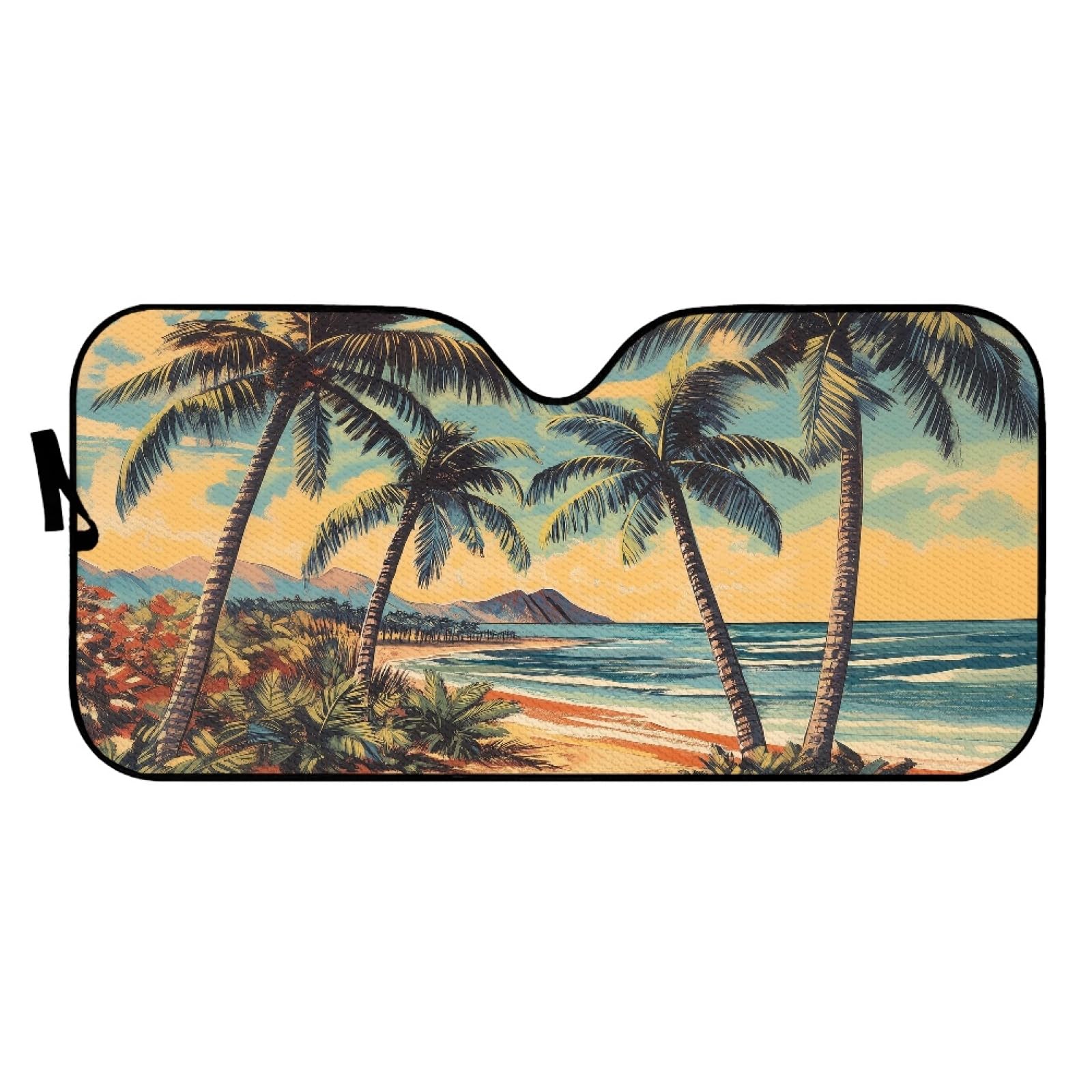 Hixingo Auto Frontscheibe, Sonnenschutz für Windschutzscheibe, UV-Schutz Frontscheibenabdeckung, Kokosnussbaum Strand Drucken Faltbares Design Auto Sonnenschutz, für meisten Autos (Retro) von Hixingo