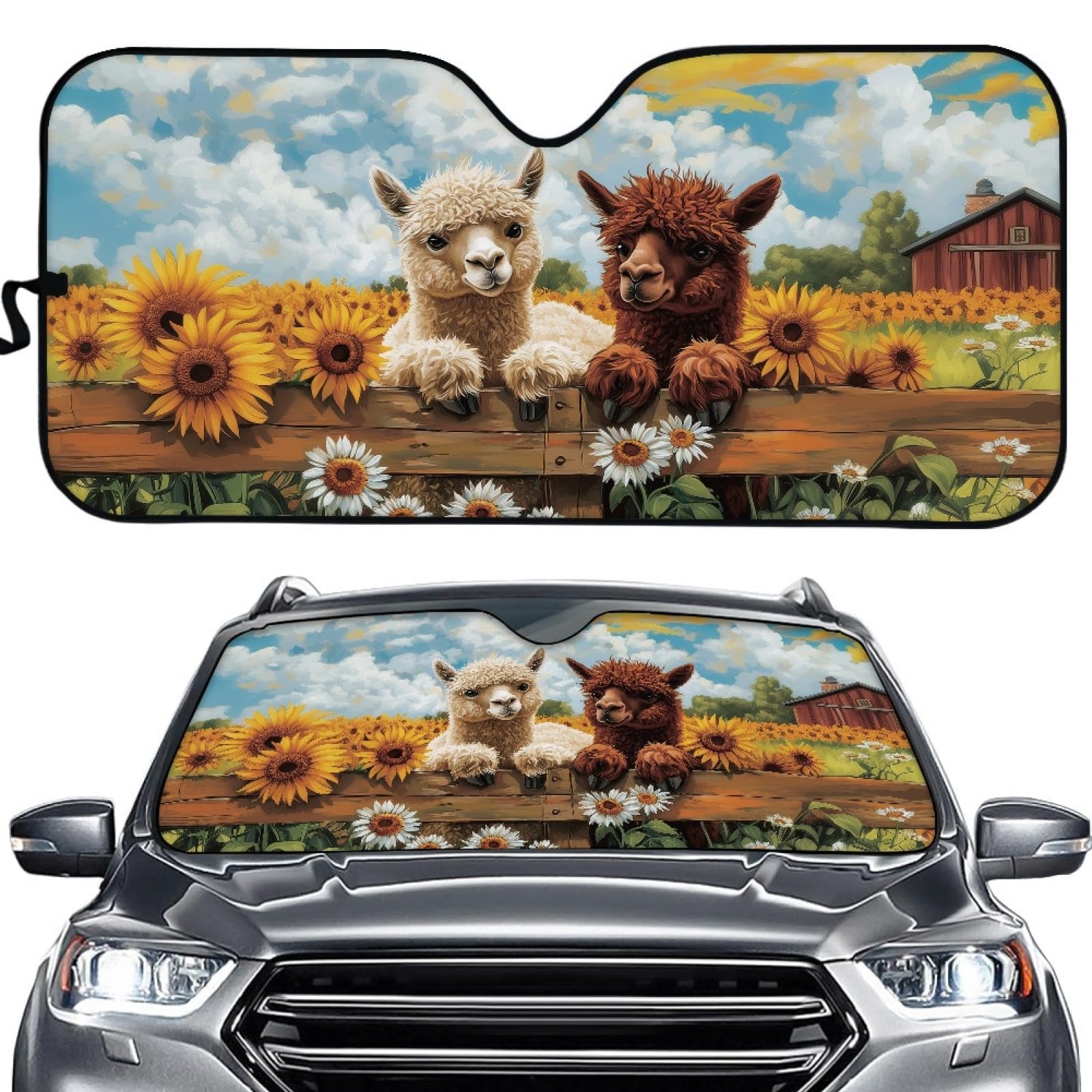 Hixingo Auto Frontscheibe, Sonnenschutz für Windschutzscheibe, UV-Schutz Frontscheibenabdeckung, Tier Sonnenblume Drucken Faltbares Design Auto Sonnenschutz, für meisten Autos (Alpaka) von Hixingo