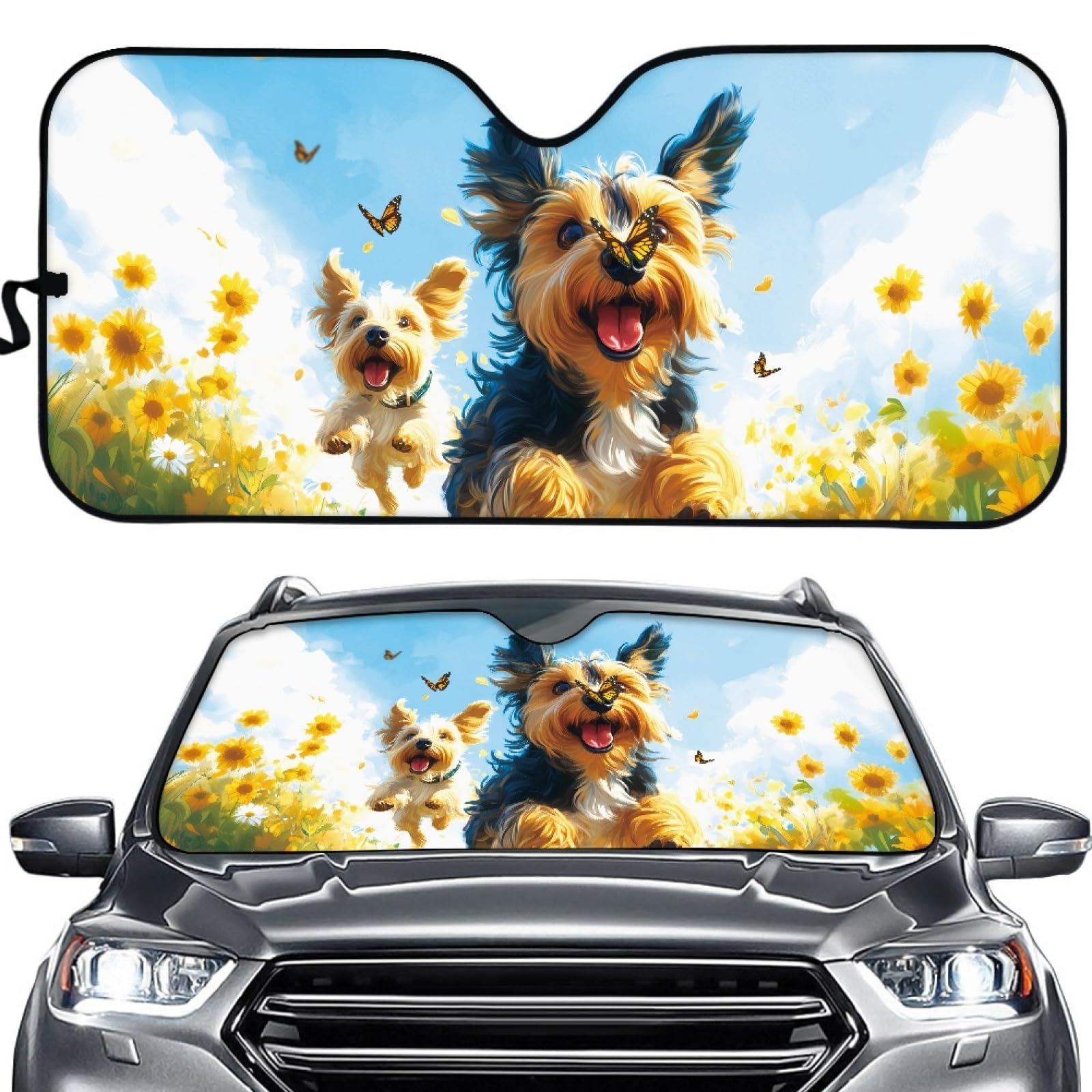 Hixingo Auto Frontscheibe, Sonnenschutz für Windschutzscheibe, UV-Schutz Frontscheibenabdeckung, Tier Sonnenblume Drucken Faltbares Design Auto Sonnenschutz, für meisten Autos (Hund) von Hixingo