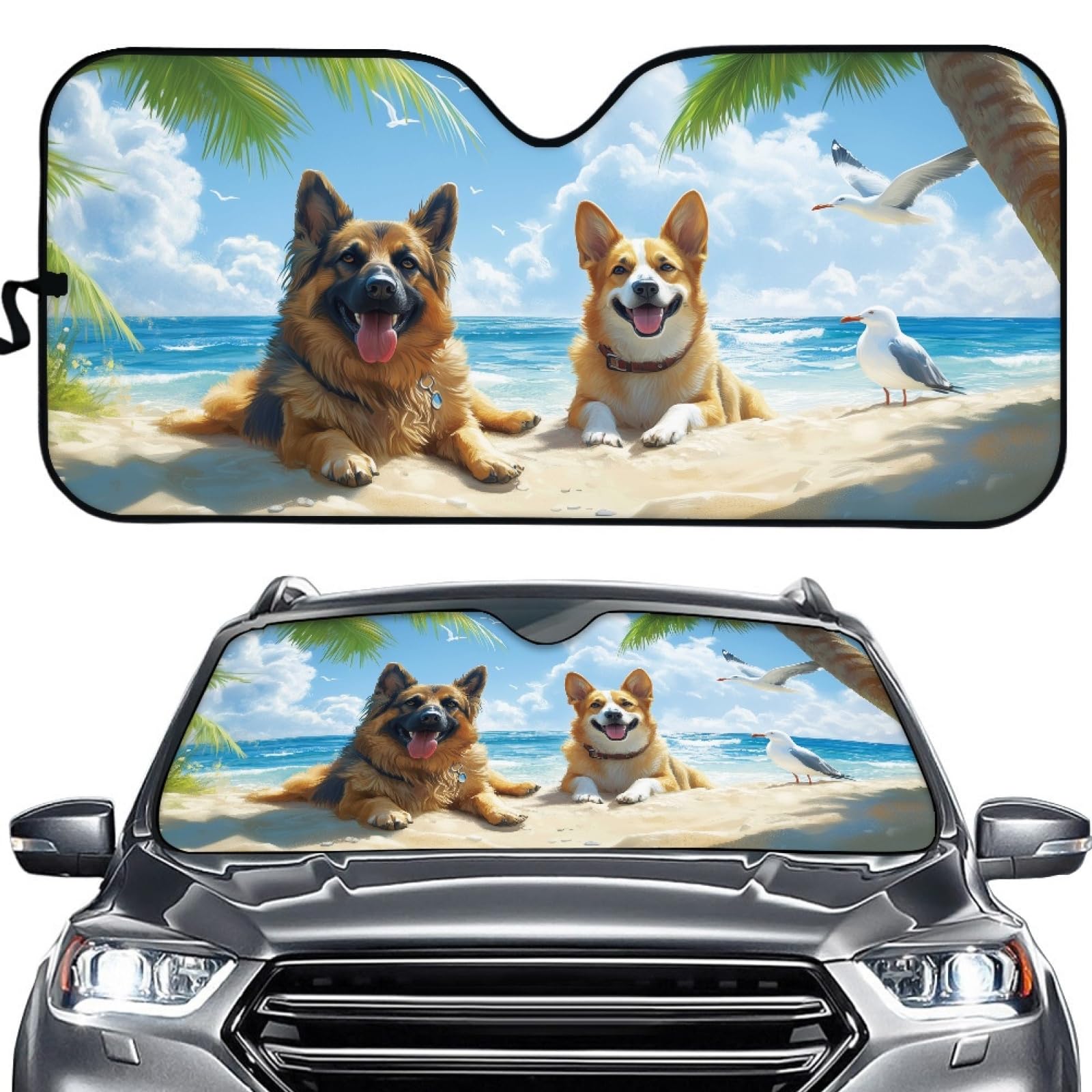 Hixingo Auto Frontscheibe, Sonnenschutz für Windschutzscheibe, UV-Schutz Frontscheibenabdeckung, Tier Strand Drucken Faltbares Design Auto Sonnenschutz, für meisten Autos (Border Collie) von Hixingo