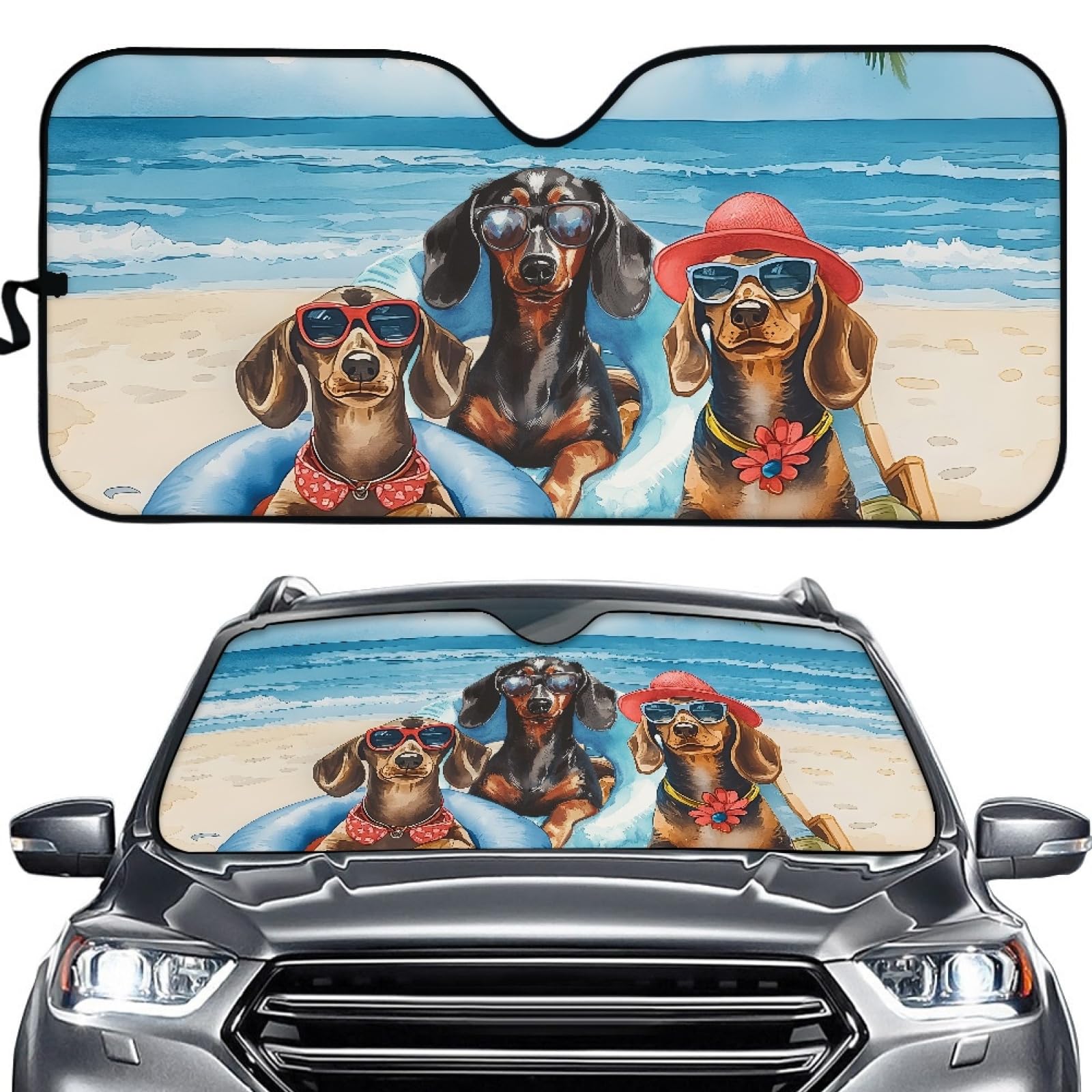 Hixingo Auto Frontscheibe, Sonnenschutz für Windschutzscheibe, UV-Schutz Frontscheibenabdeckung, Tier Strand Drucken Faltbares Design Auto Sonnenschutz, für meisten Autos (Dackel) von Hixingo