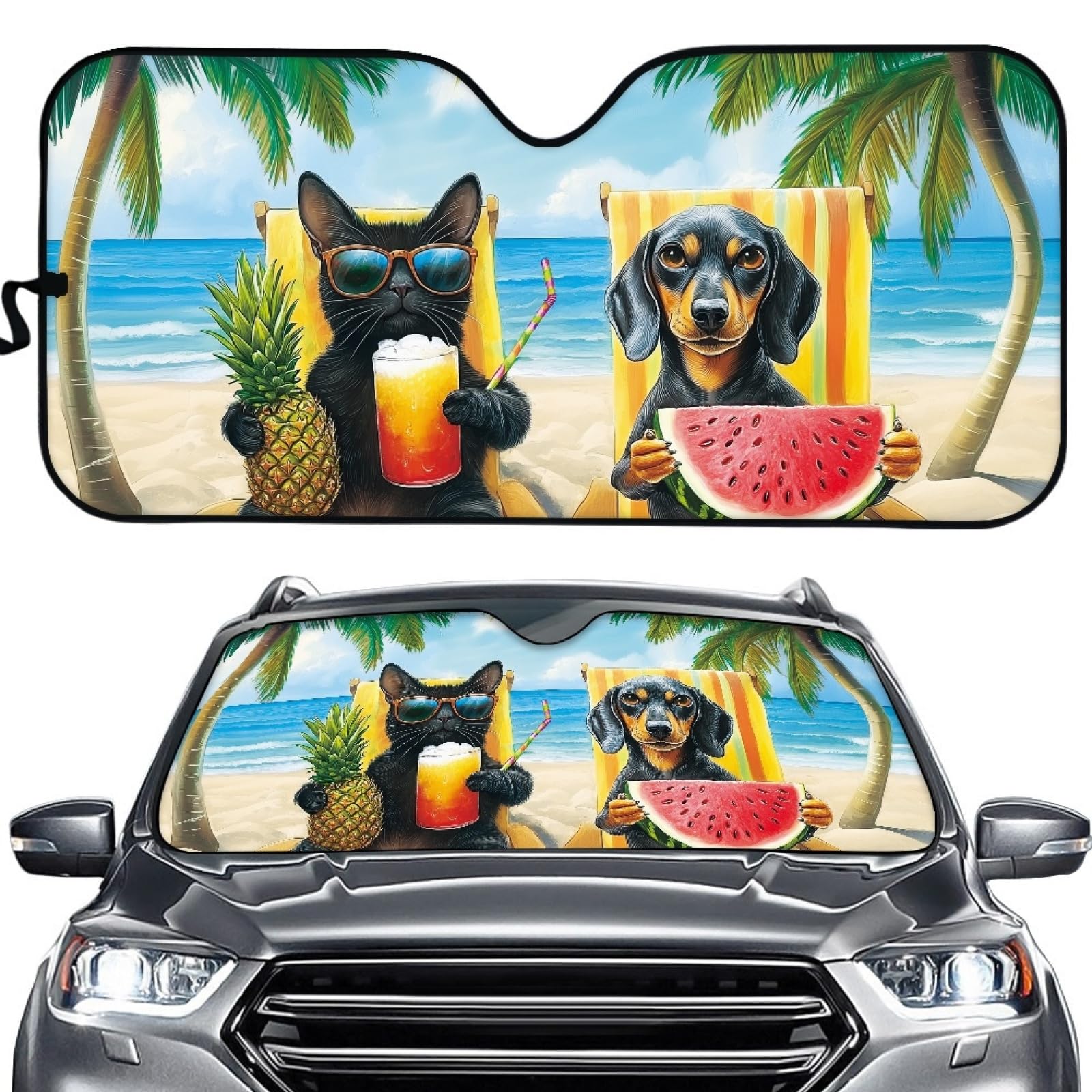 Hixingo Auto Frontscheibe, Sonnenschutz für Windschutzscheibe, UV-Schutz Frontscheibenabdeckung, Tier Strand Drucken Faltbares Design Auto Sonnenschutz, für meisten Autos (Hund Katze) von Hixingo