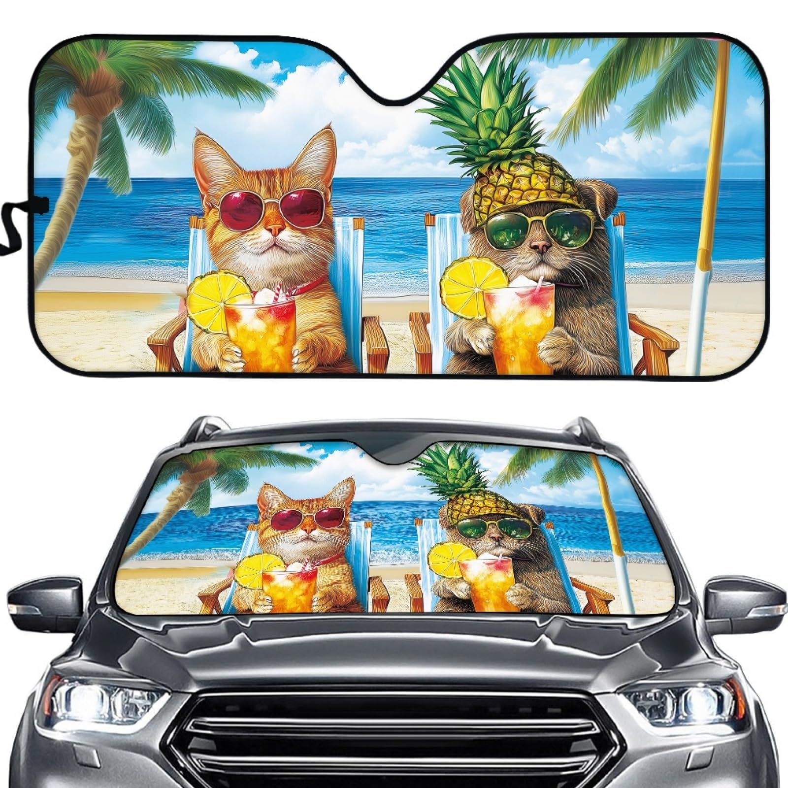 Hixingo Auto Frontscheibe, Sonnenschutz für Windschutzscheibe, UV-Schutz Frontscheibenabdeckung, Tier Strand Drucken Faltbares Design Auto Sonnenschutz, für meisten Autos (Katze) von Hixingo